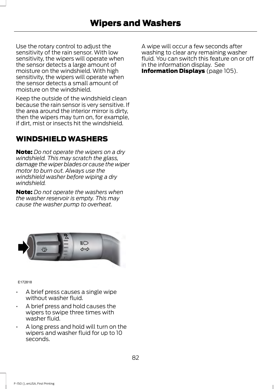 Windshield washers, Wipers and washers | FORD 2015 F-150 User Manual | Page 85 / 549