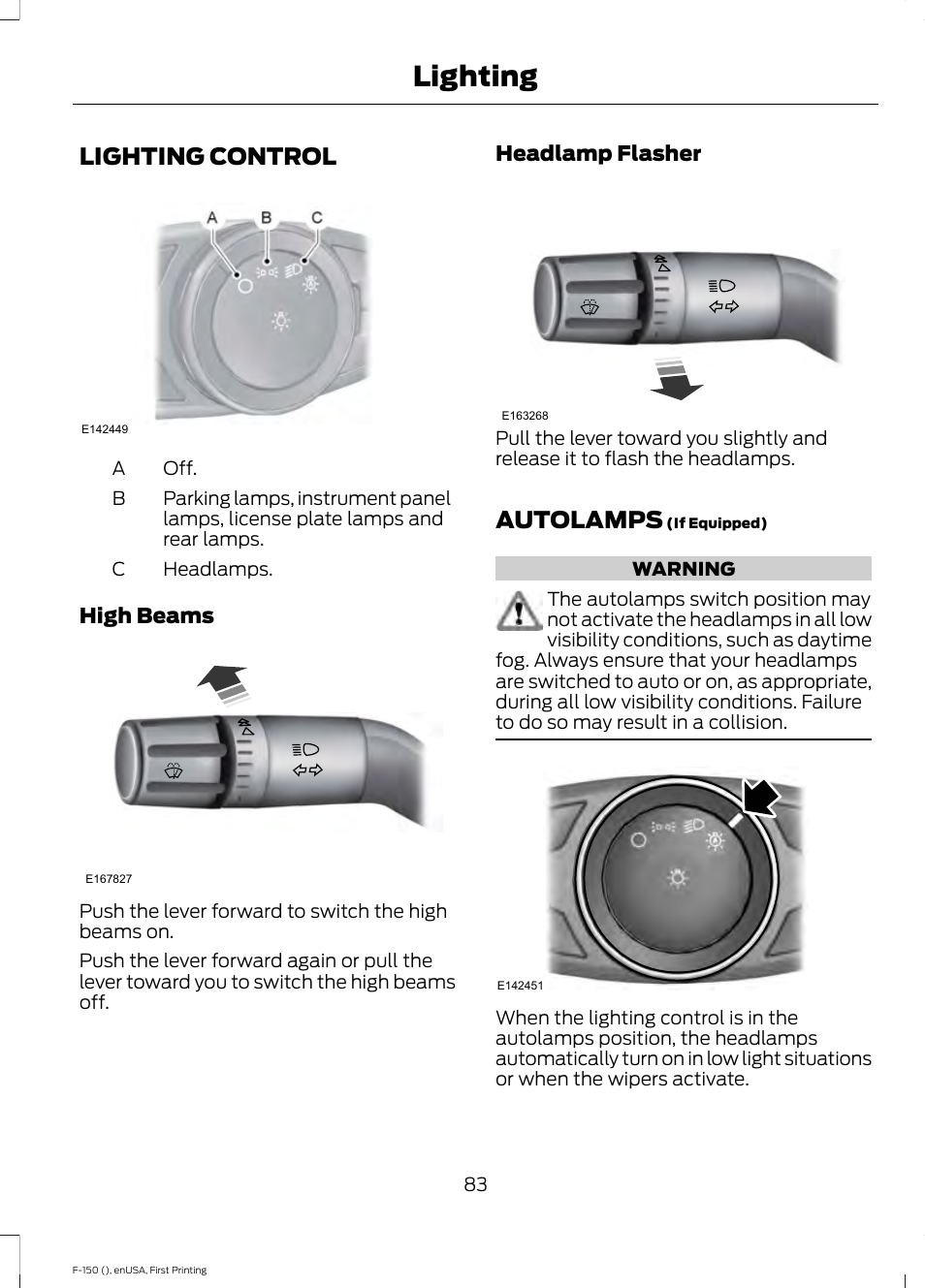 Lighting, Lighting control, Autolamps | Lighting control autolamps | FORD 2015 F-150 User Manual | Page 86 / 549