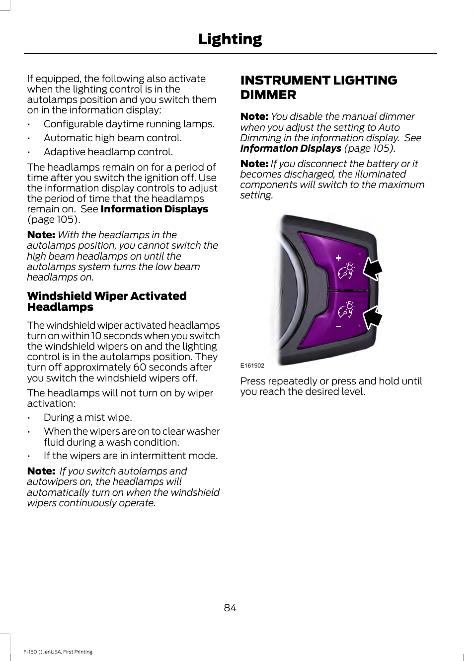 Instrument lighting dimmer, Lighting | FORD 2015 F-150 User Manual | Page 87 / 549