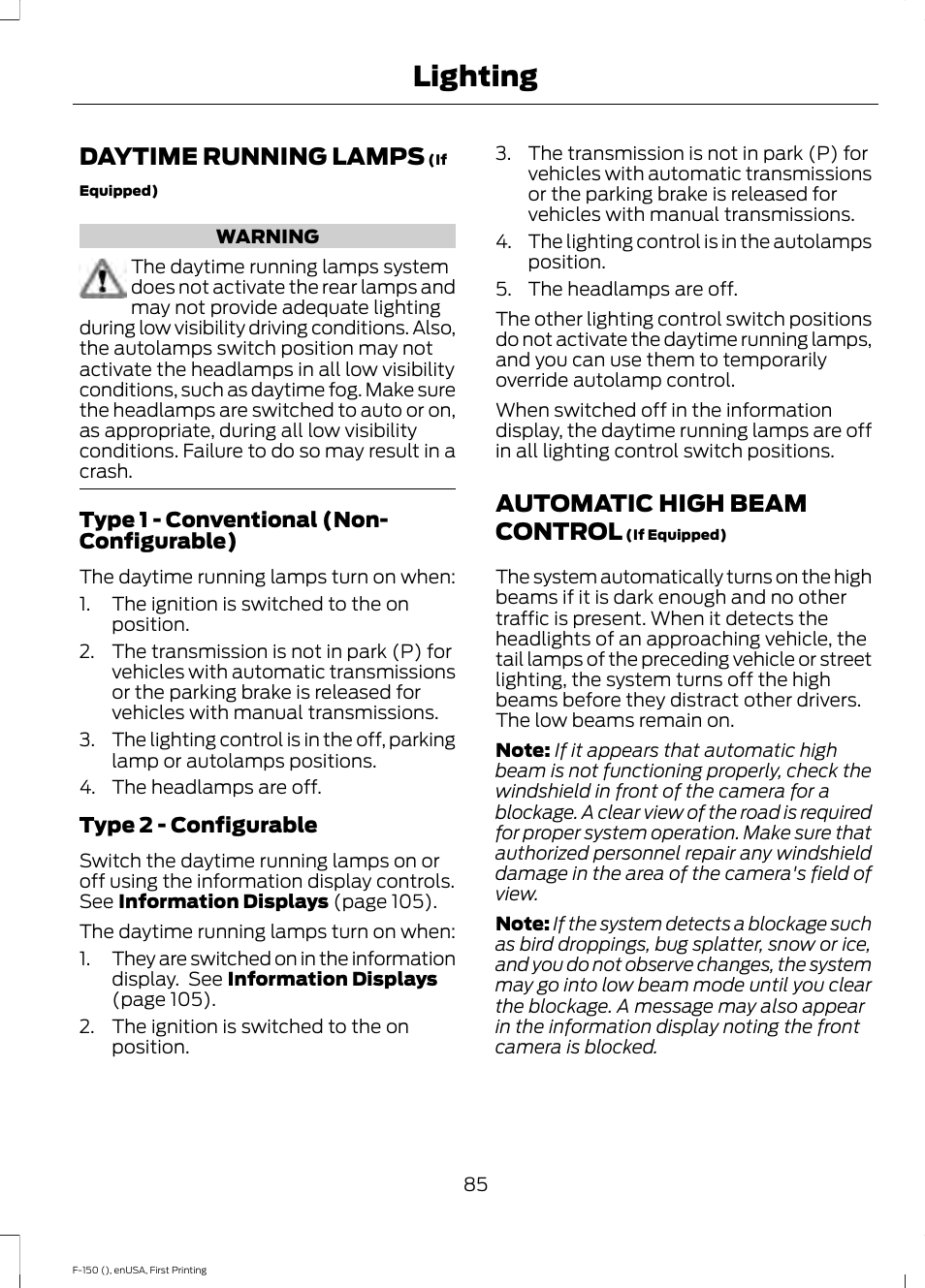 Daytime running lamps, Automatic high beam control, Daytime running lamps automatic high beam control | Lighting | FORD 2015 F-150 User Manual | Page 88 / 549