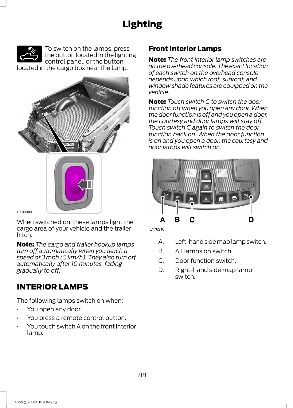 Interior lamps, Lighting | FORD 2015 F-150 User Manual | Page 91 / 549