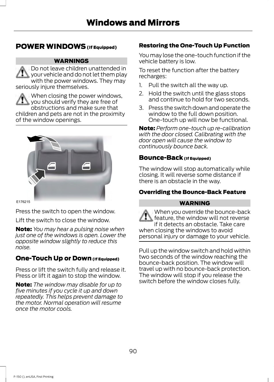 Windows and mirrors, Power windows | FORD 2015 F-150 User Manual | Page 93 / 549
