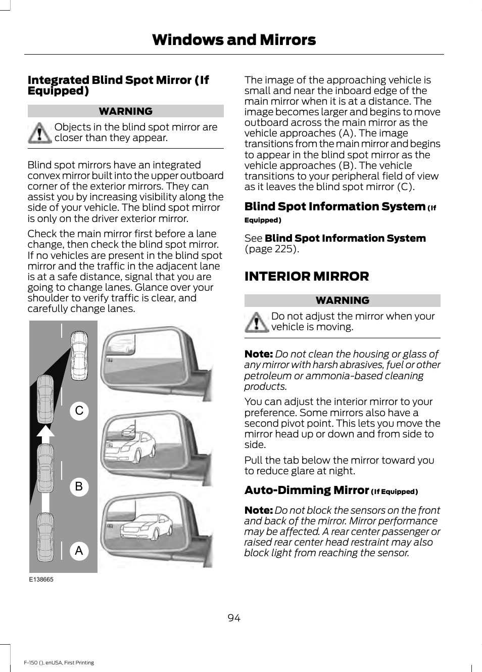 Interior mirror, Windows and mirrors, Ab c | FORD 2015 F-150 User Manual | Page 97 / 549