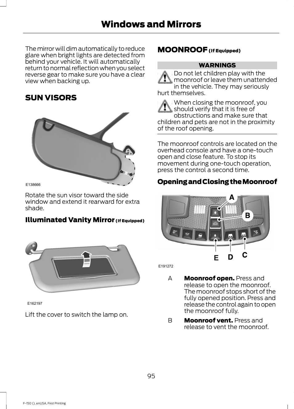 Sun visors, Moonroof, Sun visors moonroof | Windows and mirrors | FORD 2015 F-150 User Manual | Page 98 / 549