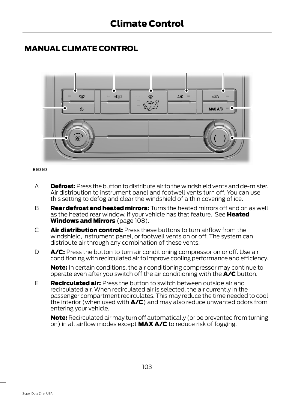 Climate control, Manual climate control | FORD 2015 F-550 v.1 User Manual | Page 106 / 470