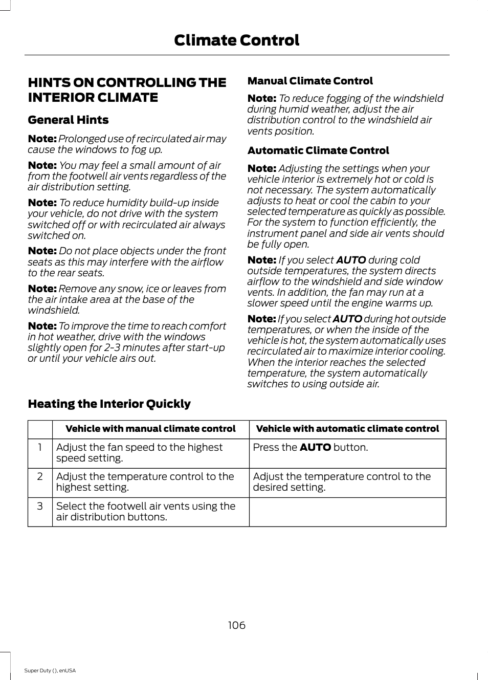 Hints on controlling the interior climate, Hints on controlling the interior, Climate | Climate control | FORD 2015 F-550 v.1 User Manual | Page 109 / 470