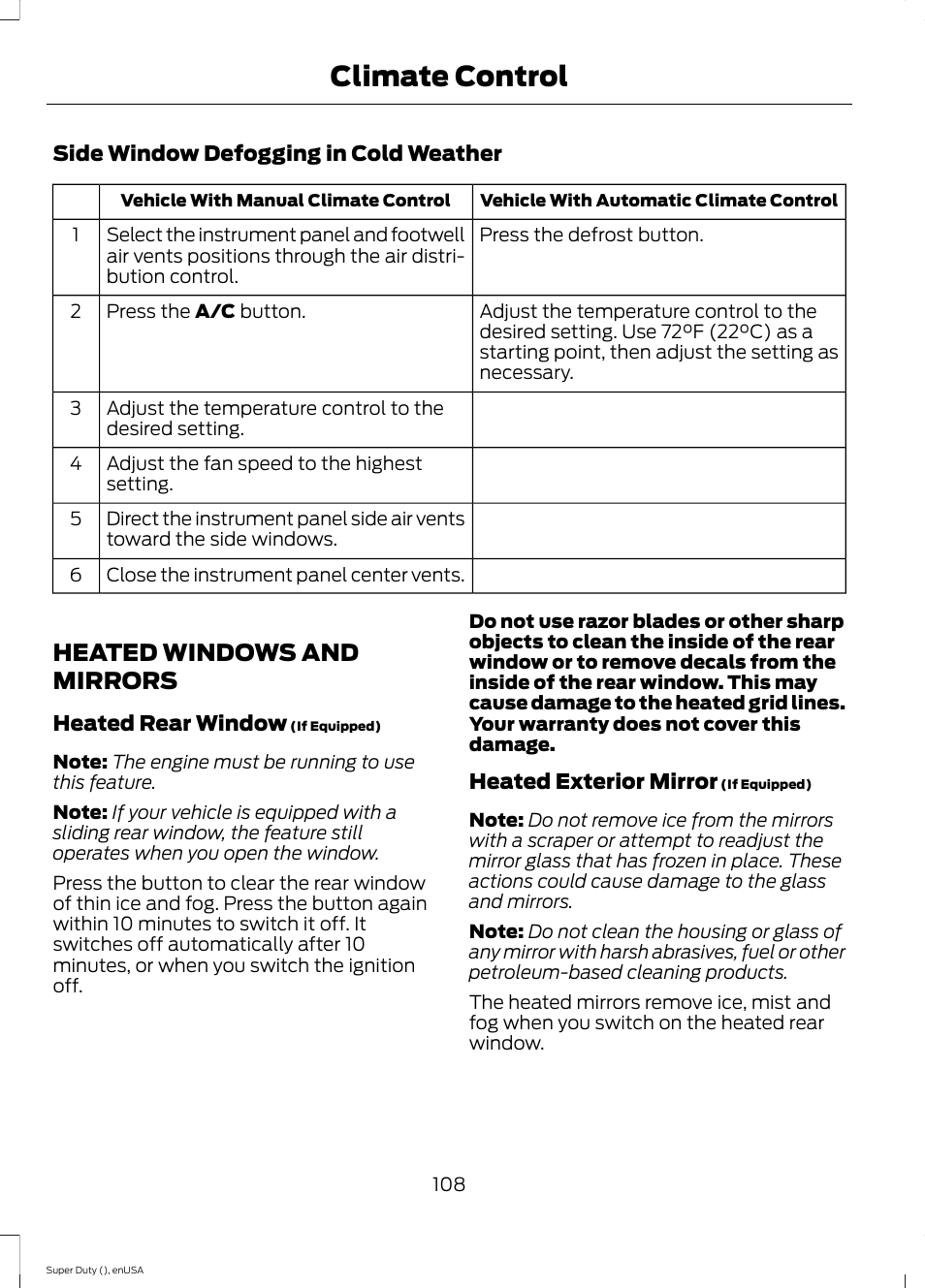 Heated windows and mirrors, Climate control | FORD 2015 F-550 v.1 User Manual | Page 111 / 470