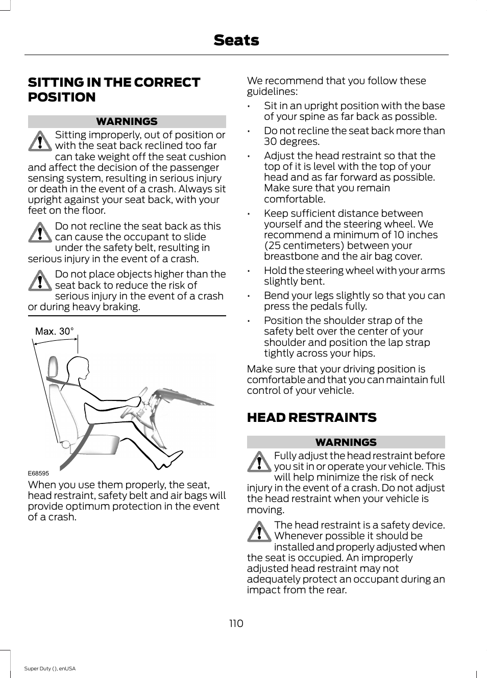 Seats, Sitting in the correct position, Head restraints | Sitting in the correct position head restraints | FORD 2015 F-550 v.1 User Manual | Page 113 / 470