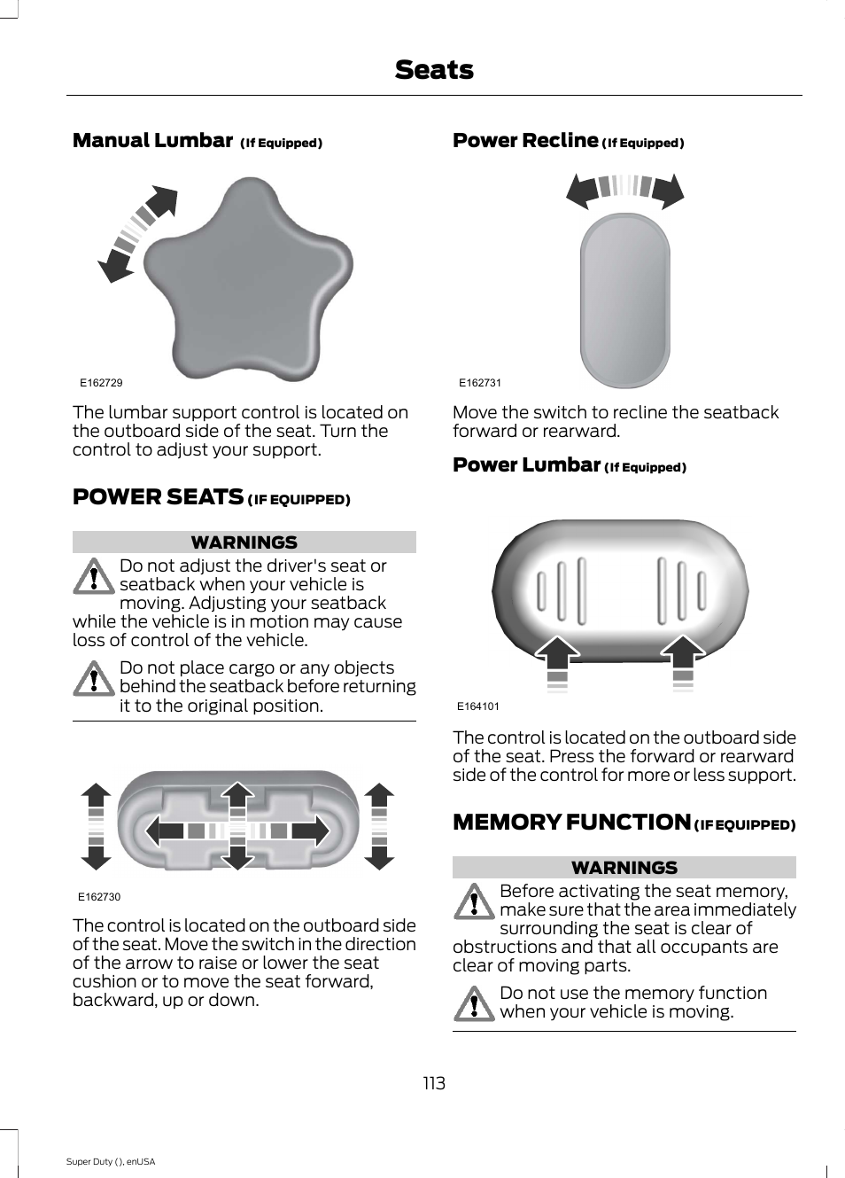 Power seats, Memory function, Seats | Manual lumbar, Power recline, Power lumbar | FORD 2015 F-550 v.1 User Manual | Page 116 / 470