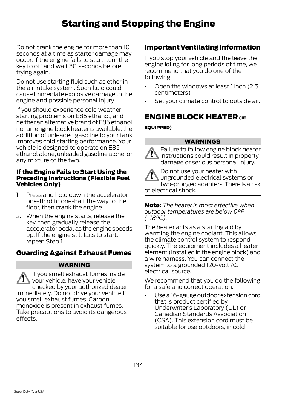 Engine block heater, Starting and stopping the engine | FORD 2015 F-550 v.1 User Manual | Page 137 / 470