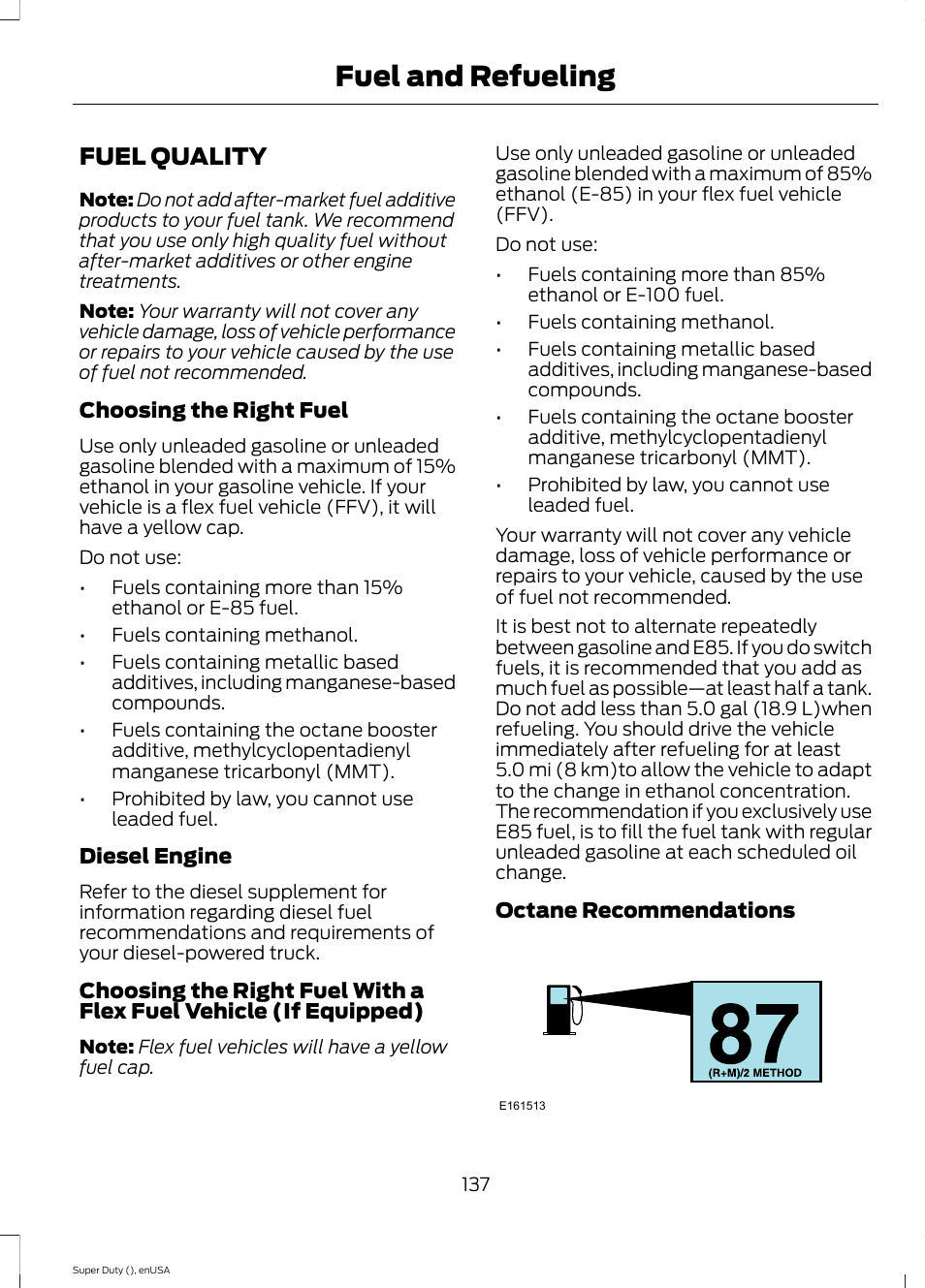 Fuel quality, Fuel and refueling | FORD 2015 F-550 v.1 User Manual | Page 140 / 470
