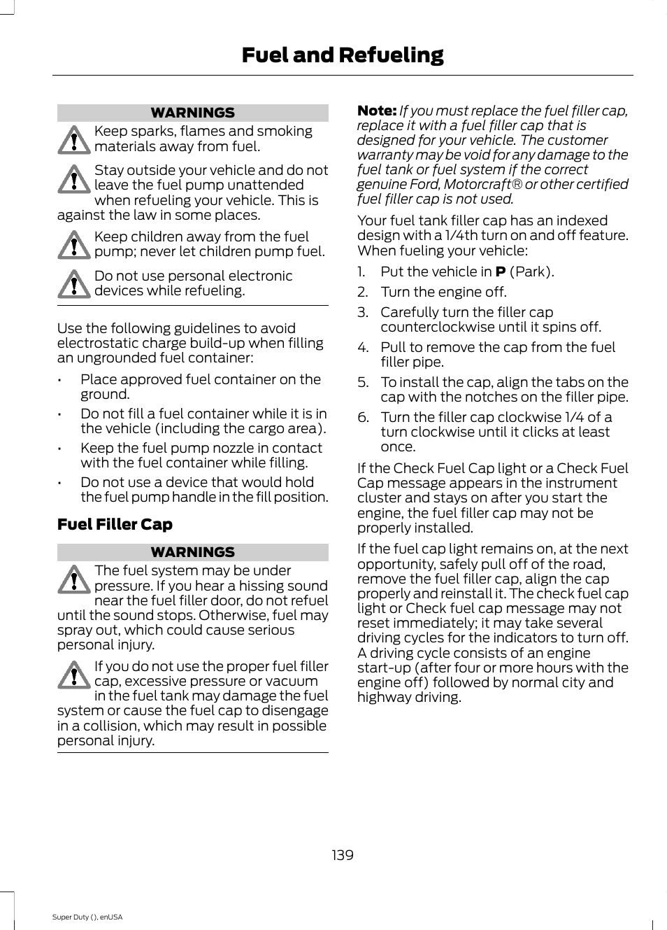 Fuel and refueling | FORD 2015 F-550 v.1 User Manual | Page 142 / 470