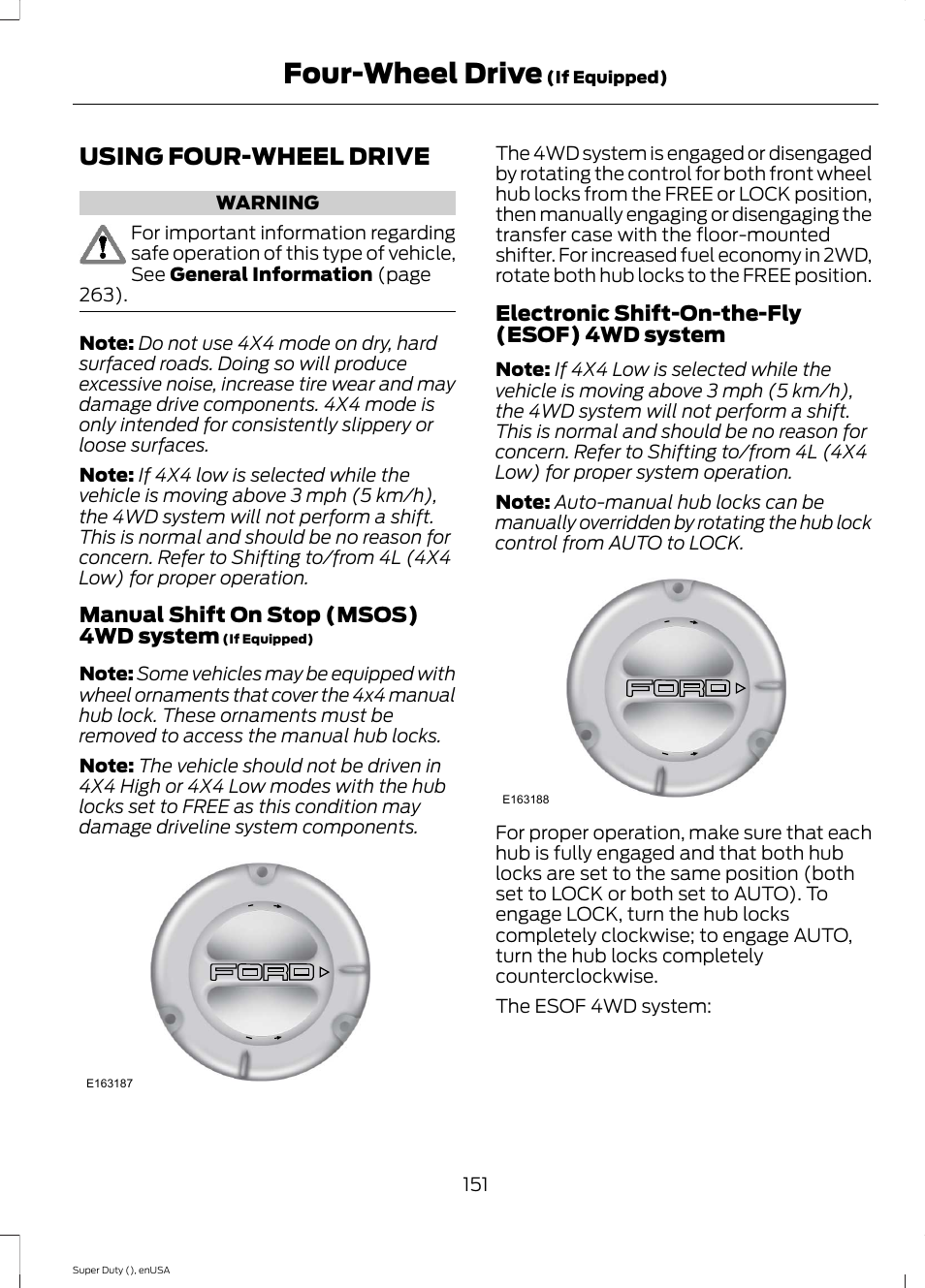 Four-wheel drive, Using four-wheel drive, See using | Manual shift on stop (msos) 4wd system, Electronic shift-on-the-fly (esof) 4wd system | FORD 2015 F-550 v.1 User Manual | Page 154 / 470