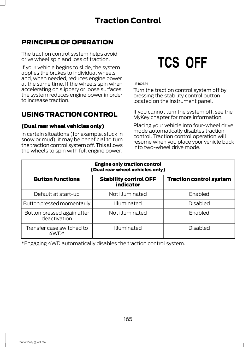 Traction control, Principle of operation, Using traction control | Principle of operation using traction control, Em. see using | FORD 2015 F-550 v.1 User Manual | Page 168 / 470