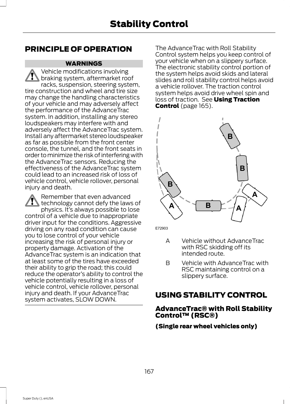 Stability control, Principle of operation, Using stability control | Principle of operation using stability control | FORD 2015 F-550 v.1 User Manual | Page 170 / 470