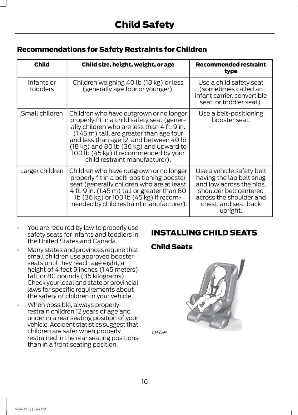 Installing child seats, Child safety | FORD 2015 F-550 v.1 User Manual | Page 19 / 470