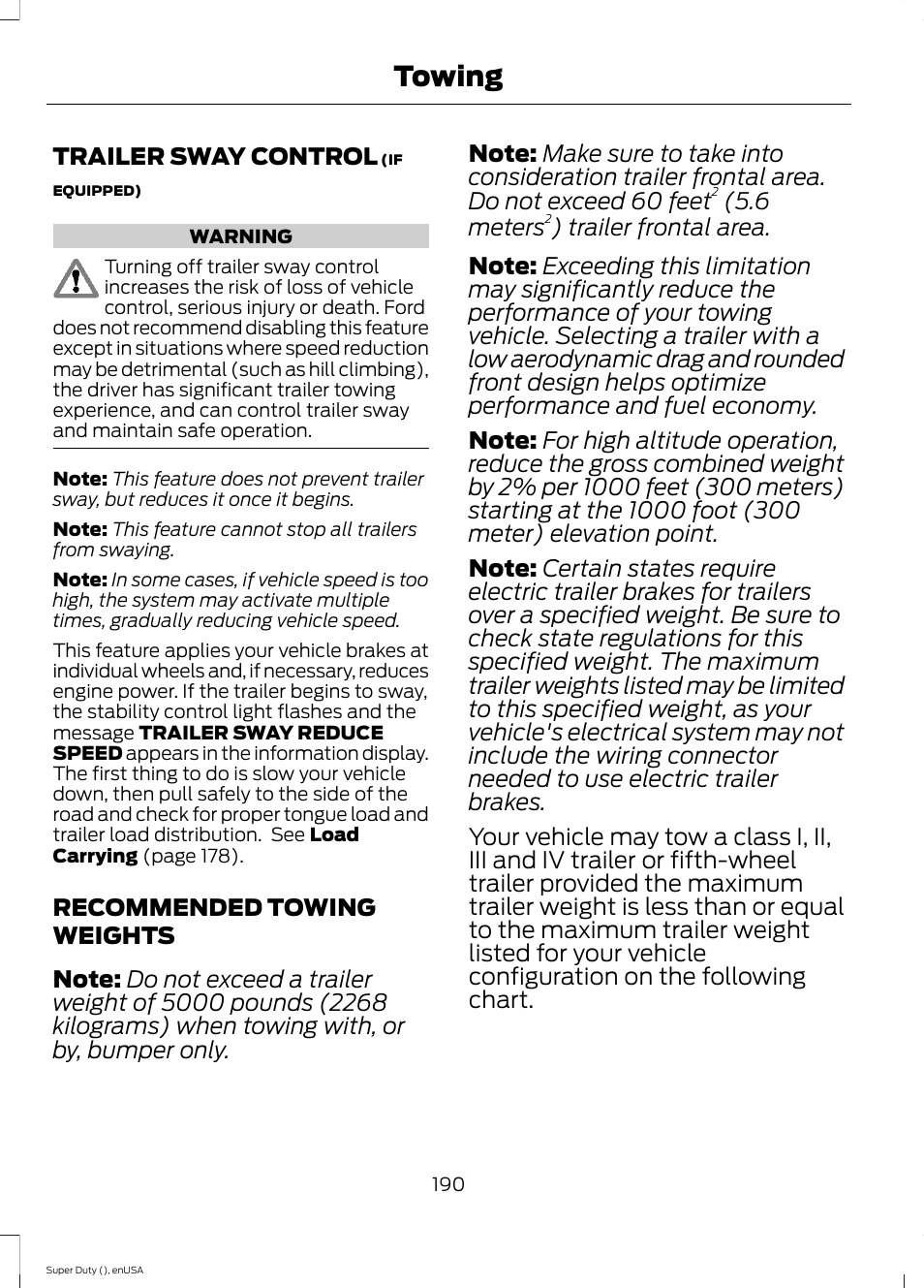 Trailer sway control, Recommended towing weights, Trailer sway control recommended towing weights | Towing | FORD 2015 F-550 v.1 User Manual | Page 193 / 470