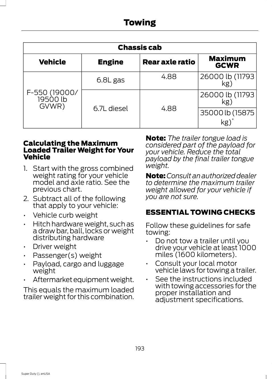 Essential towing checks, Towing | FORD 2015 F-550 v.1 User Manual | Page 196 / 470