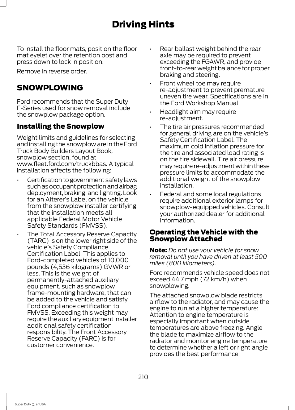 Snowplowing, Driving hints | FORD 2015 F-550 v.1 User Manual | Page 213 / 470