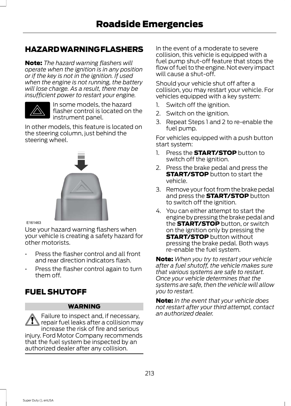 Hazard warning flashers, Fuel shutoff, Hazard warning flashers fuel shutoff | Roadside emergencies | FORD 2015 F-550 v.1 User Manual | Page 216 / 470