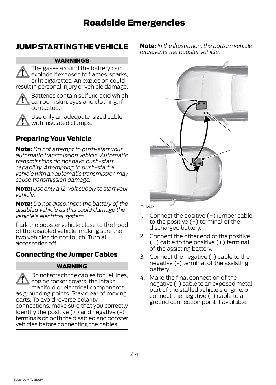 Jump starting the vehicle, Roadside emergencies | FORD 2015 F-550 v.1 User Manual | Page 217 / 470