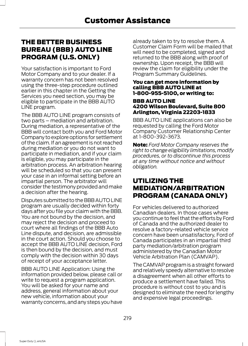 The better business bureau (bbb) auto, Line program (u.s. only), Utilizing the mediation/arbitration | Program (canada only), Customer assistance | FORD 2015 F-550 v.1 User Manual | Page 222 / 470