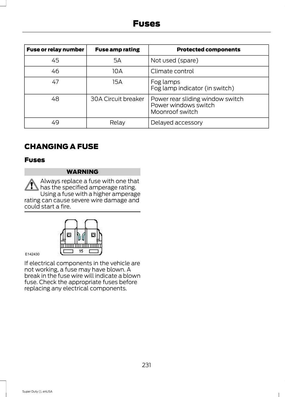 Changing a fuse, Fuses | FORD 2015 F-550 v.1 User Manual | Page 234 / 470