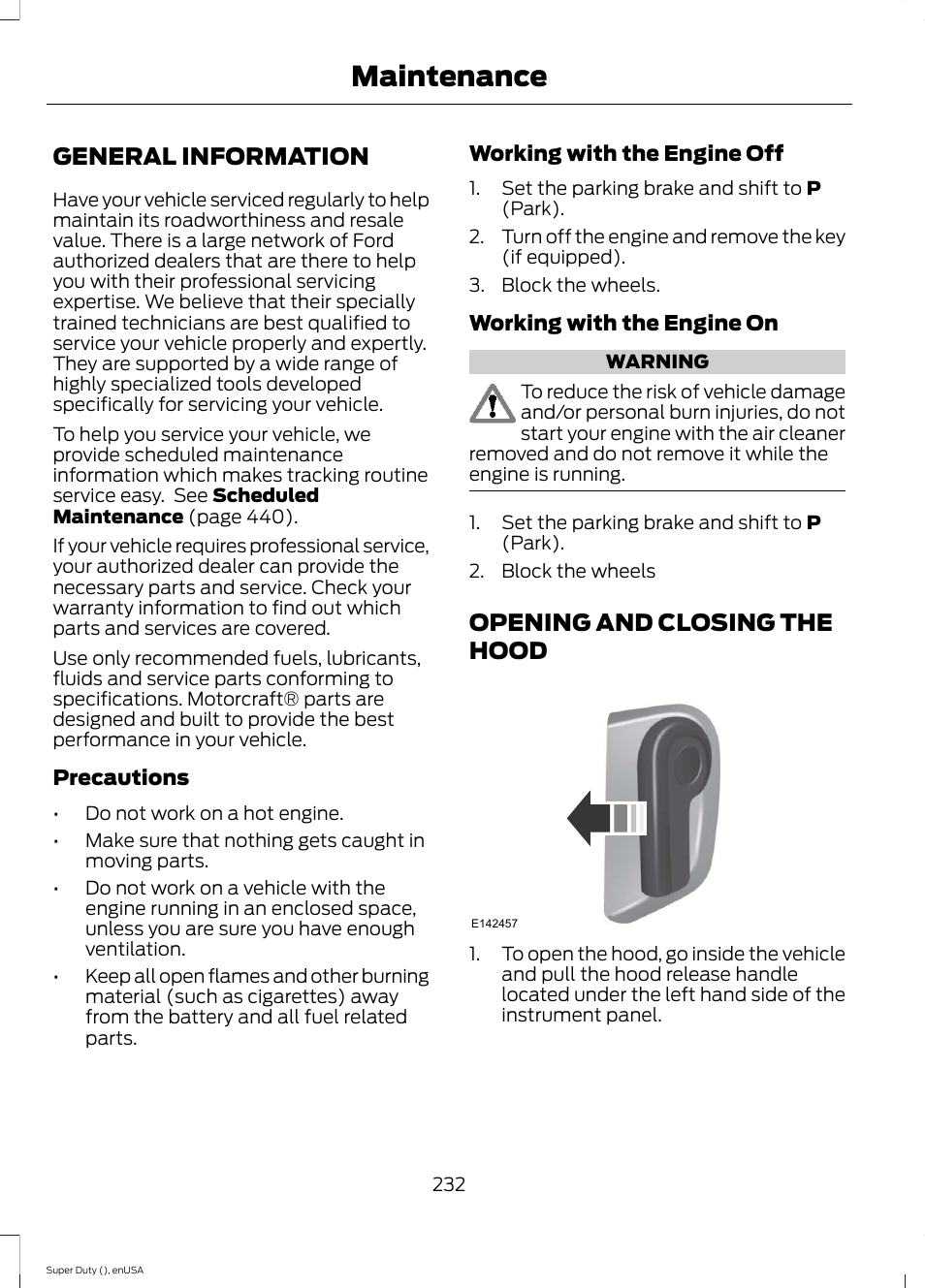 Maintenance, General information, Opening and closing the hood | General information opening and closing the hood | FORD 2015 F-550 v.1 User Manual | Page 235 / 470