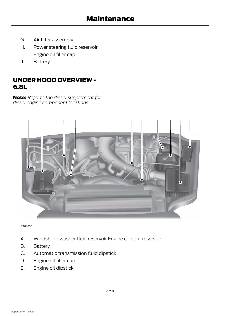 Under hood overview, Under hood overview - 6.8l, Maintenance | FORD 2015 F-550 v.1 User Manual | Page 237 / 470