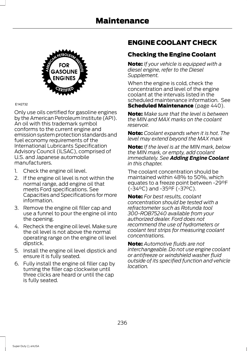 Engine coolant check, E see engine coolant check, Maintenance | FORD 2015 F-550 v.1 User Manual | Page 239 / 470