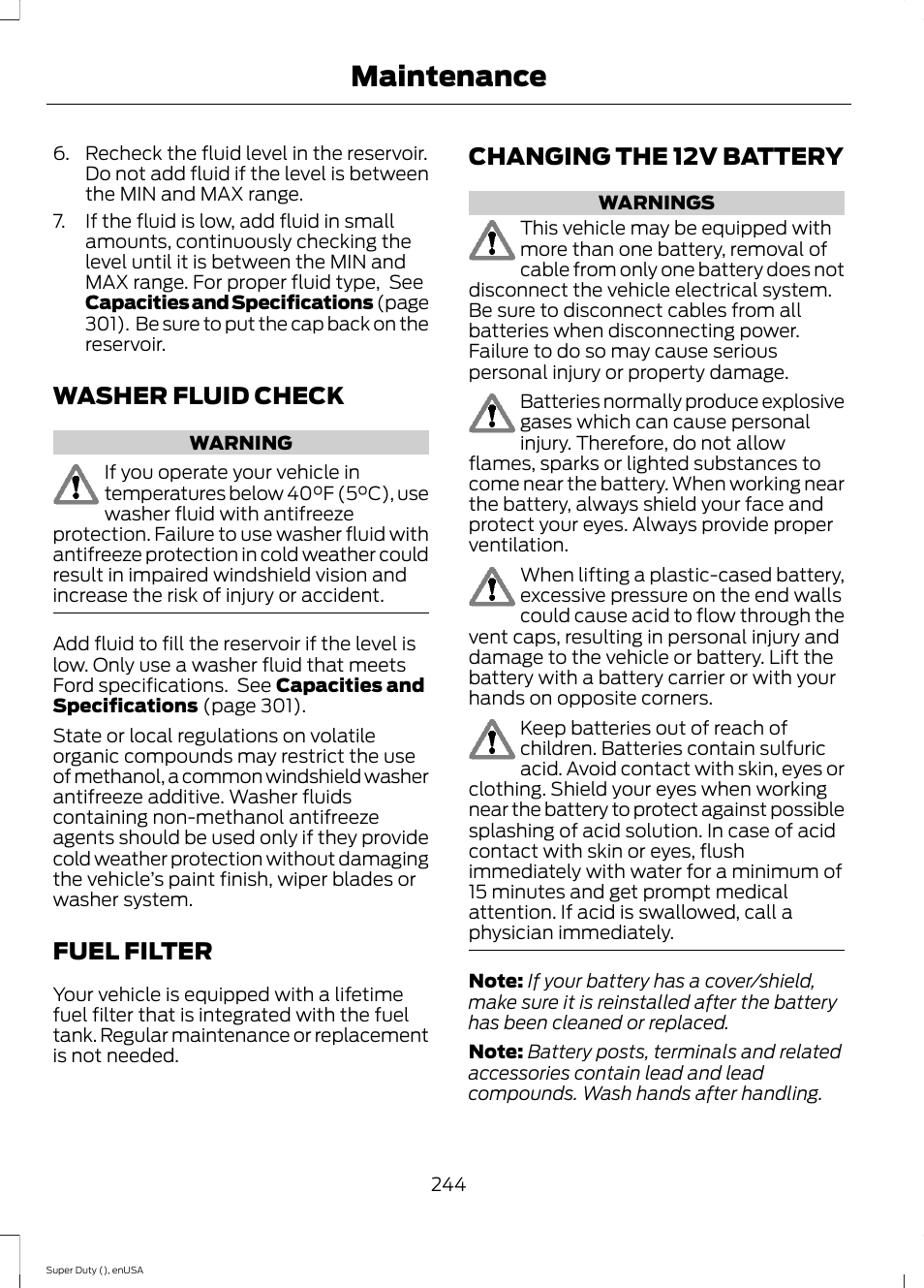 Washer fluid check, Fuel filter, Changing the 12v battery | Maintenance | FORD 2015 F-550 v.1 User Manual | Page 247 / 470