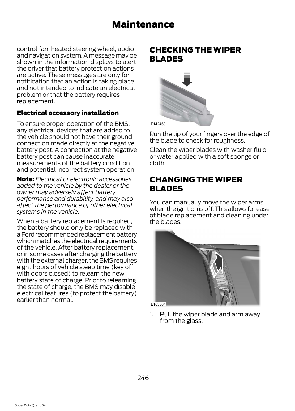 Checking the wiper blades, Changing the wiper blades, Maintenance | FORD 2015 F-550 v.1 User Manual | Page 249 / 470