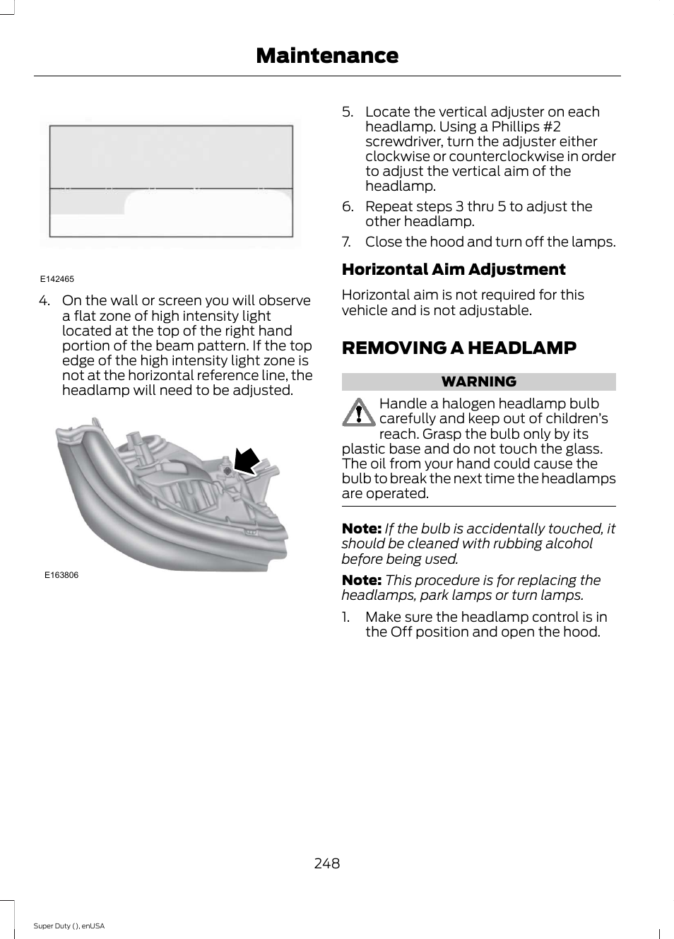 Removing a headlamp, Maintenance | FORD 2015 F-550 v.1 User Manual | Page 251 / 470