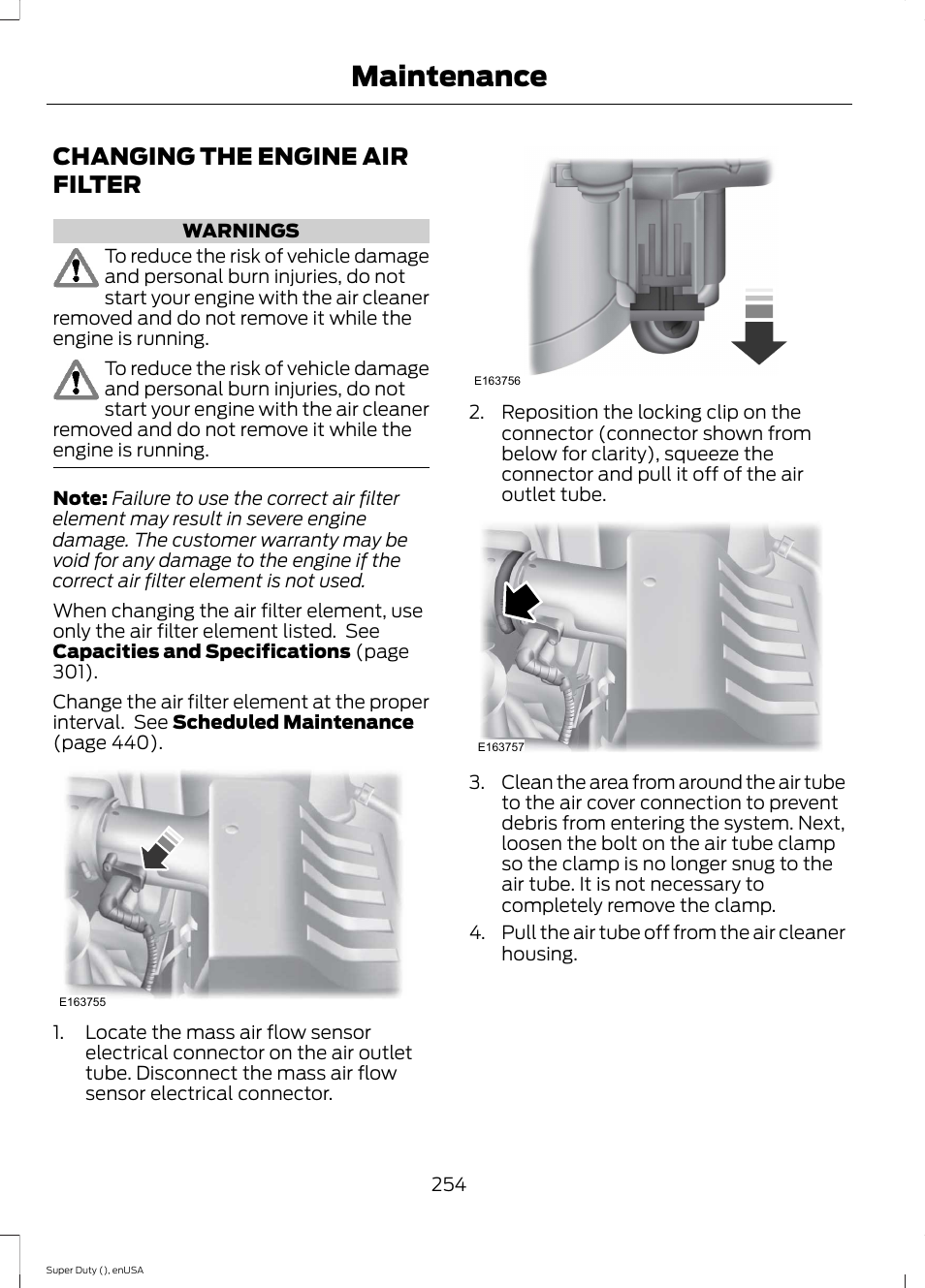 Changing the engine air filter, Maintenance | FORD 2015 F-550 v.1 User Manual | Page 257 / 470