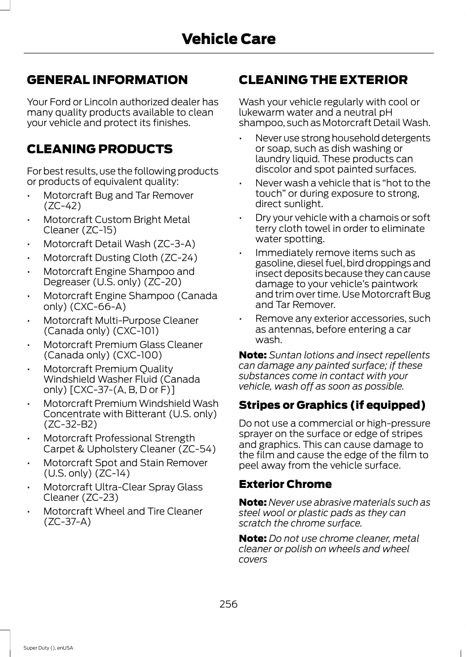 Vehicle care, General information, Cleaning products | Cleaning the exterior | FORD 2015 F-550 v.1 User Manual | Page 259 / 470