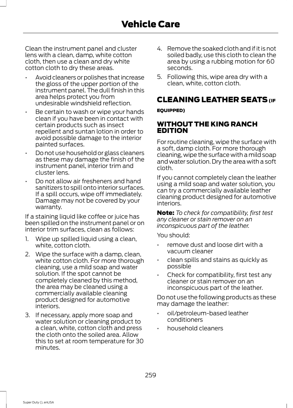 Cleaning leather seats, Vehicle care | FORD 2015 F-550 v.1 User Manual | Page 262 / 470