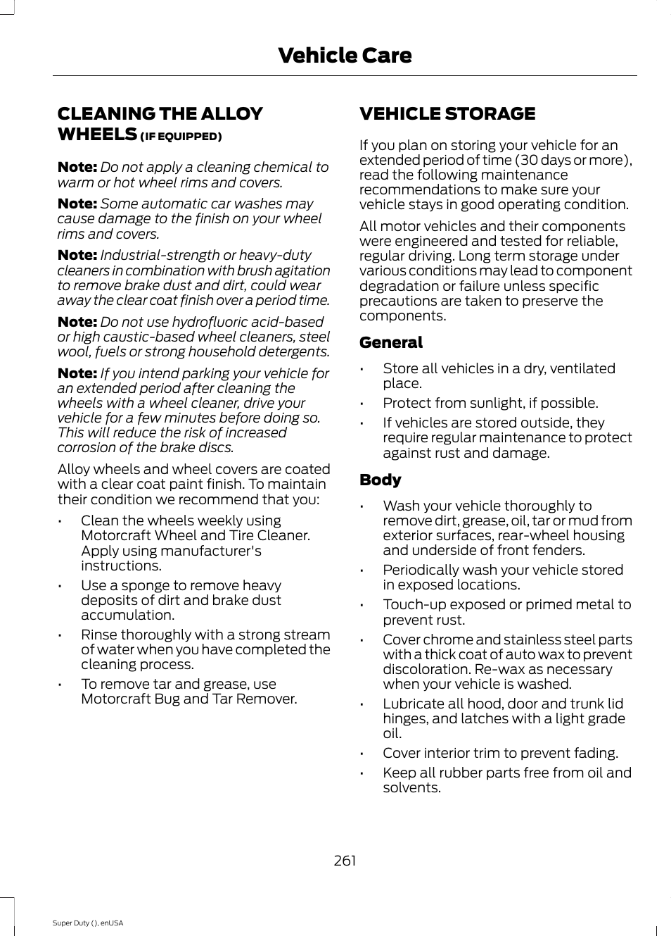 Cleaning the alloy wheels, Vehicle storage, Vehicle care | FORD 2015 F-550 v.1 User Manual | Page 264 / 470