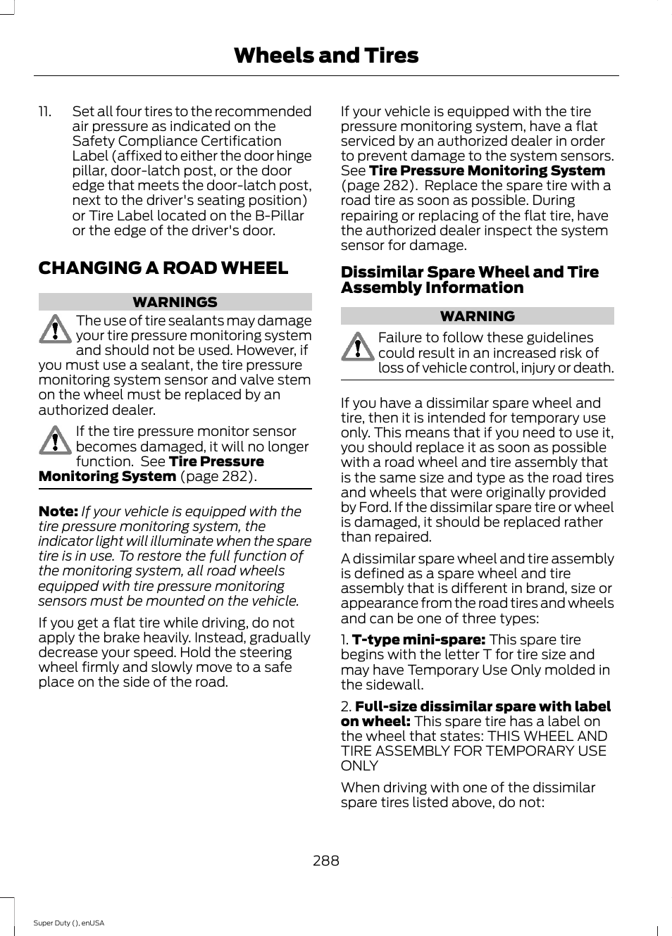 Changing a road wheel, Wheels and tires | FORD 2015 F-550 v.1 User Manual | Page 291 / 470