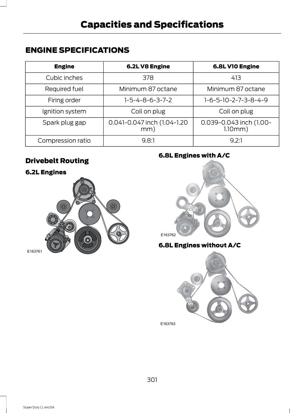 Capacities and specifications, Engine specifications, Capacities and specific | Ations | FORD 2015 F-550 v.1 User Manual | Page 304 / 470