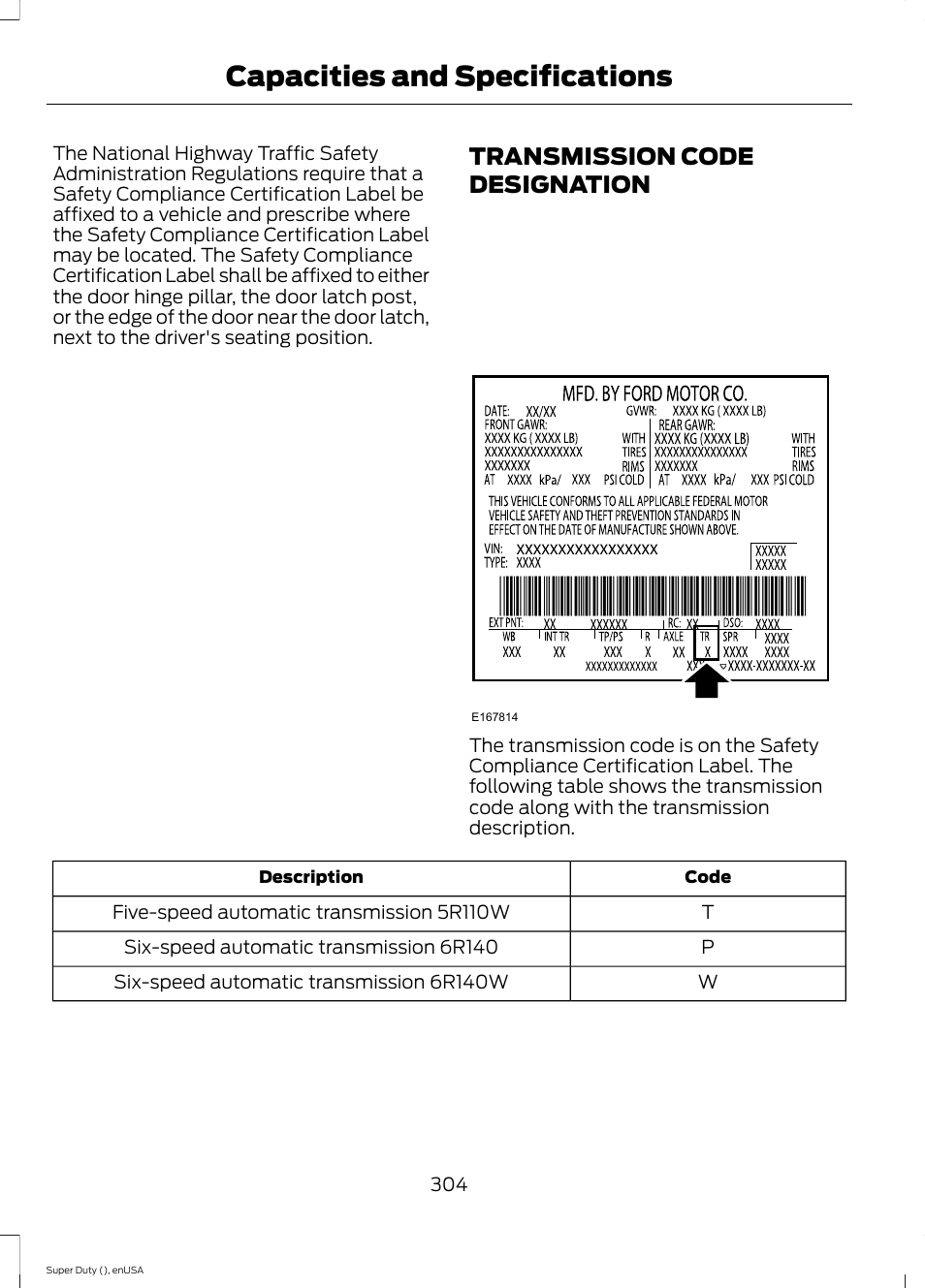 Transmission code designation, Capacities and specifications | FORD 2015 F-550 v.1 User Manual | Page 307 / 470