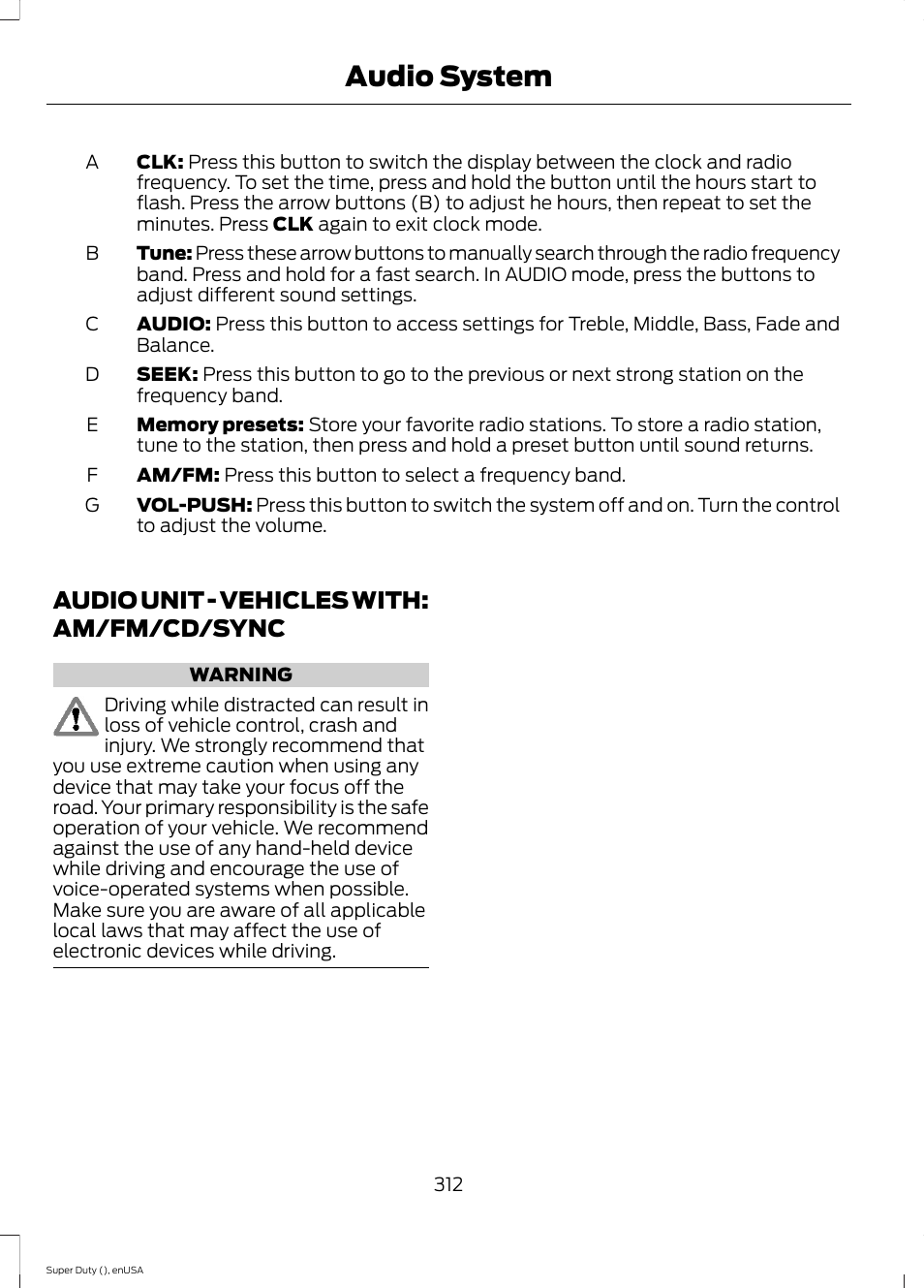 Audio unit, Audio unit - vehicles with: am/fm/cd, Sync | Audio system, Audio unit - vehicles with: am/fm/cd/sync | FORD 2015 F-550 v.1 User Manual | Page 315 / 470