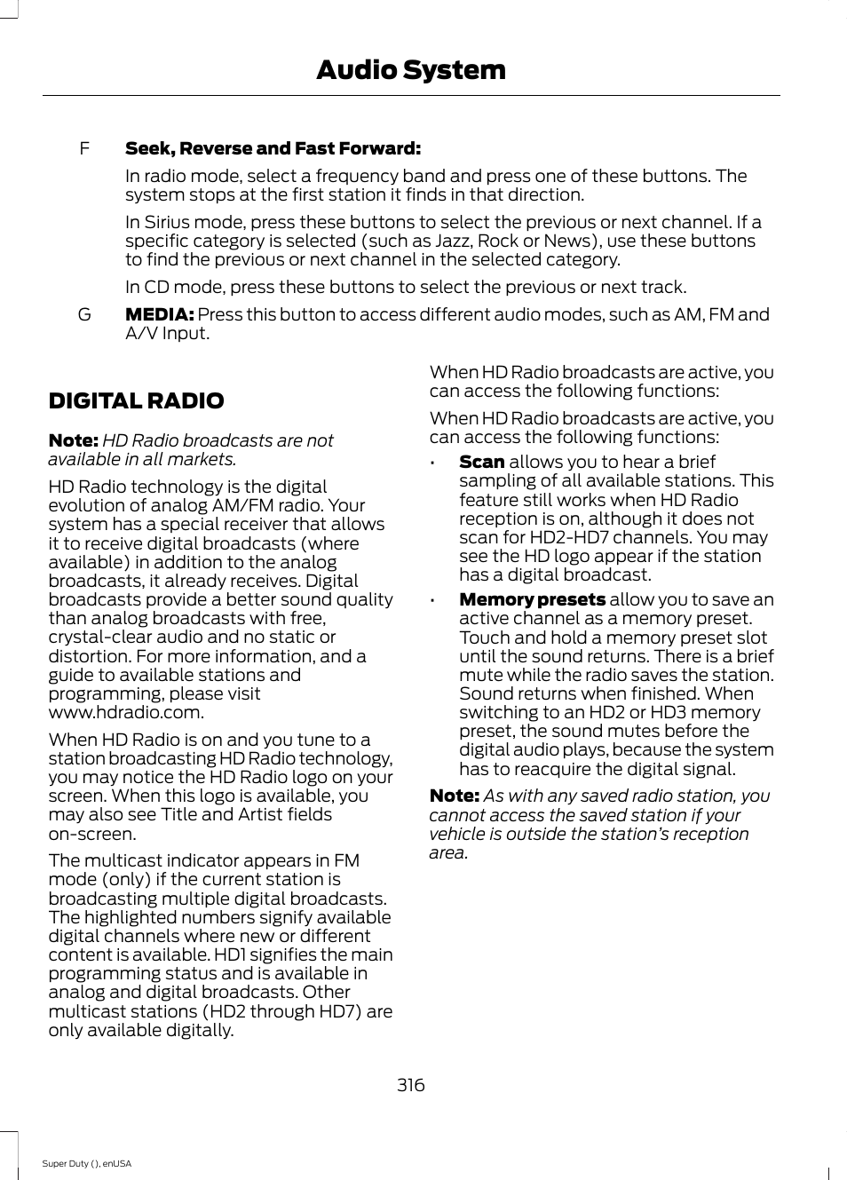 Digital radio, Audio system | FORD 2015 F-550 v.1 User Manual | Page 319 / 470