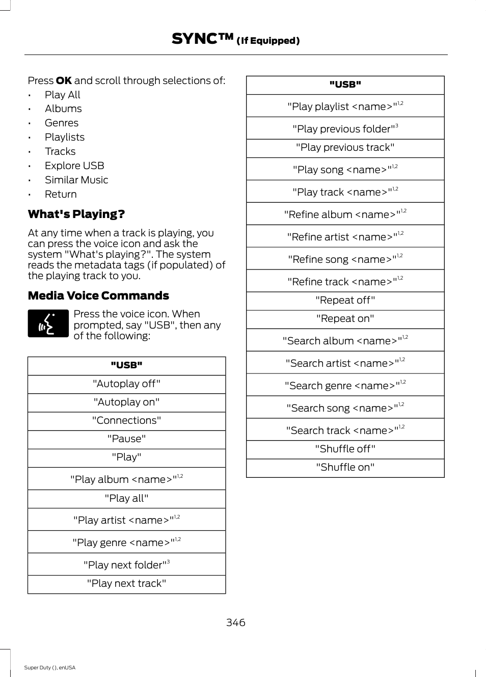 Sync, What's playing, Media voice commands | FORD 2015 F-550 v.1 User Manual | Page 349 / 470