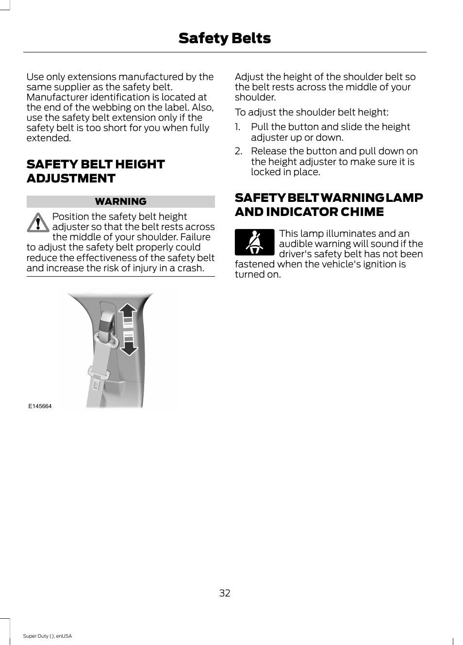 Safety belt height adjustment, Safety belt warning lamp and indicator chime, Chime | Safety belts | FORD 2015 F-550 v.1 User Manual | Page 35 / 470