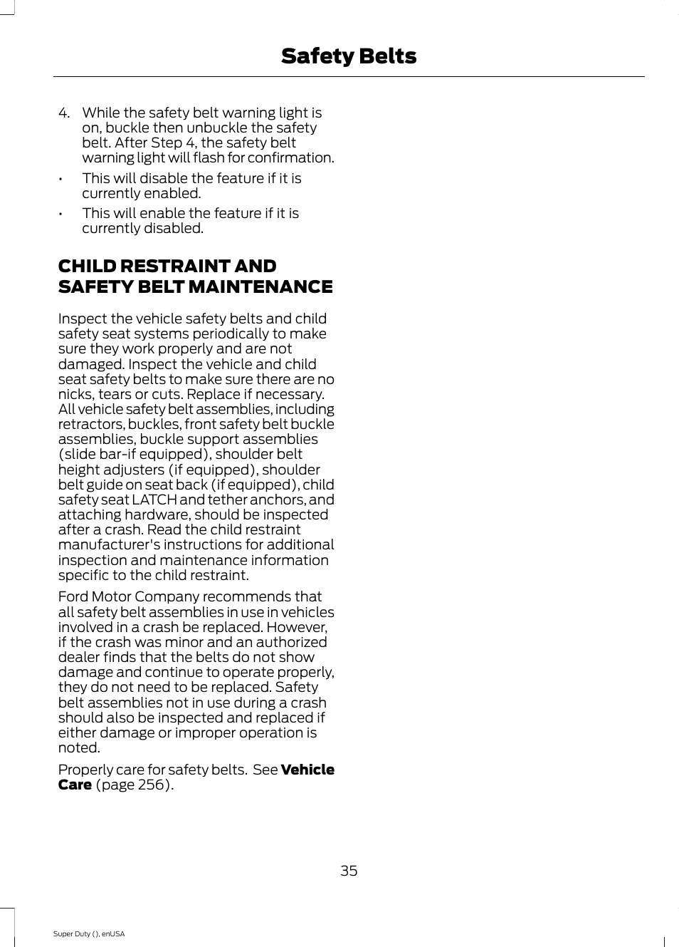 Child restraint and safety belt maintenance, Child restraint and safety belt, Maintenance | Safety belts | FORD 2015 F-550 v.1 User Manual | Page 38 / 470