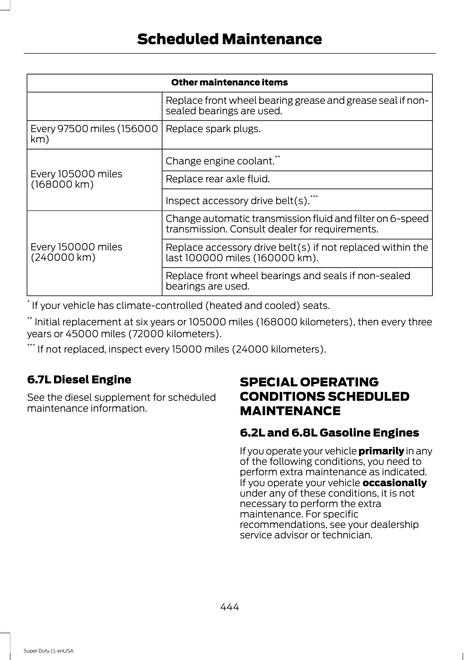 Special operating conditions scheduled maintenance, Special operating conditions scheduled, Maintenance | Scheduled maintenance, 7l diesel engine, 2l and 6.8l gasoline engines | FORD 2015 F-550 v.1 User Manual | Page 447 / 470