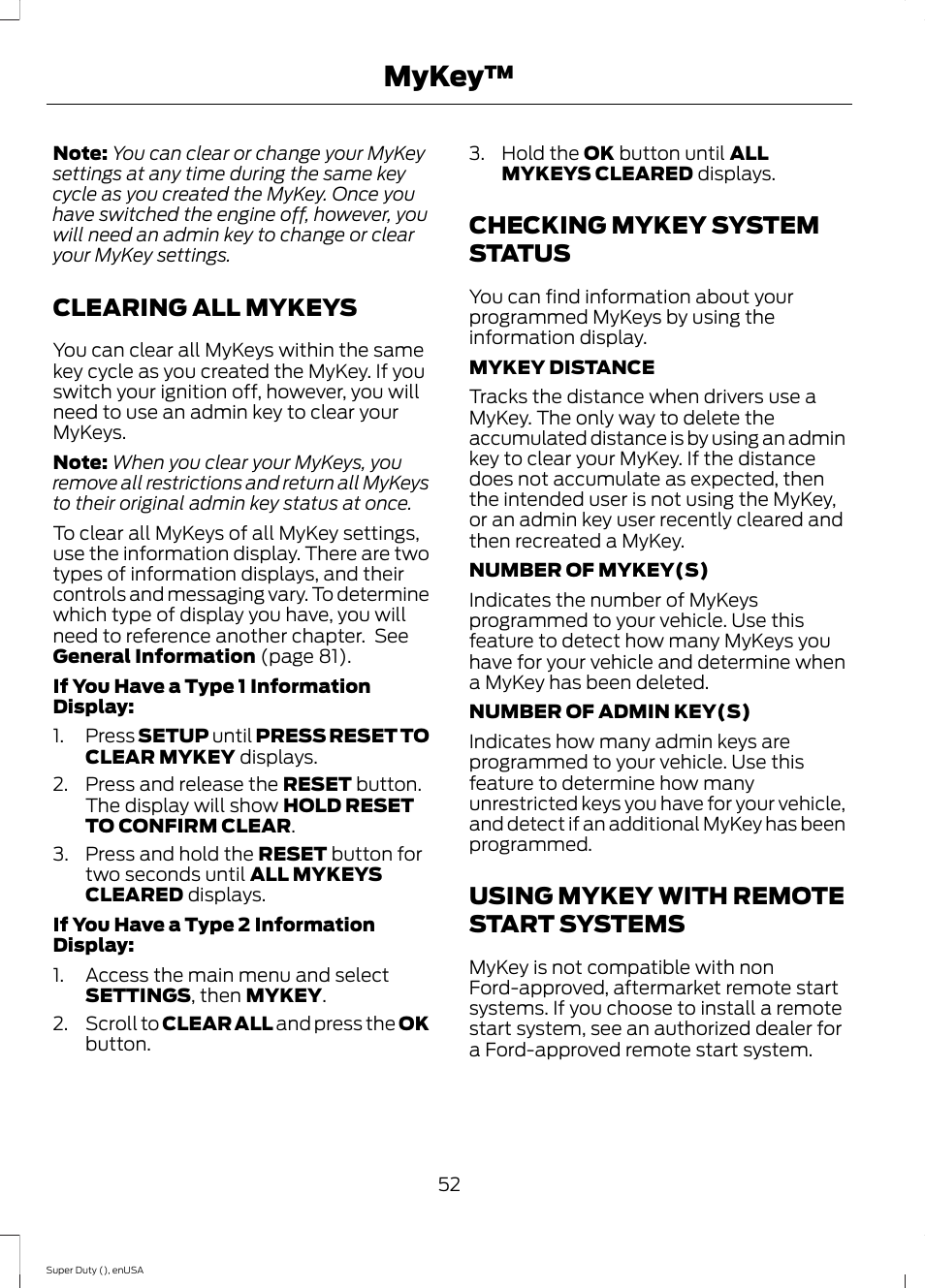 Clearing all mykeys, Checking mykey system status, Using mykey with remote start systems | Systems, Mykey | FORD 2015 F-550 v.1 User Manual | Page 55 / 470