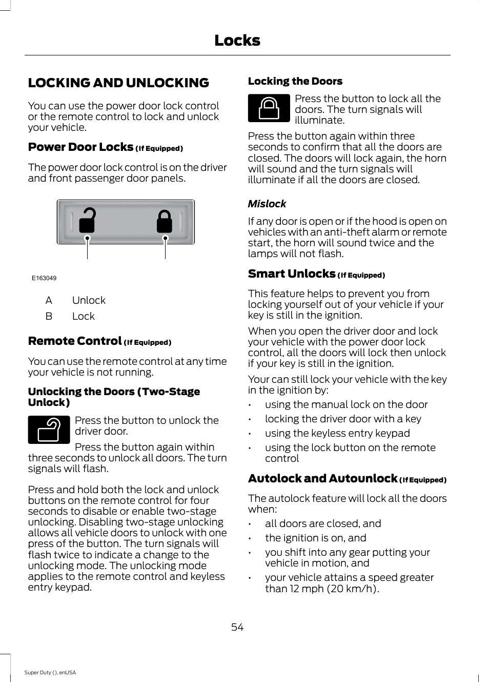 Locks, Locking and unlocking | FORD 2015 F-550 v.1 User Manual | Page 57 / 470