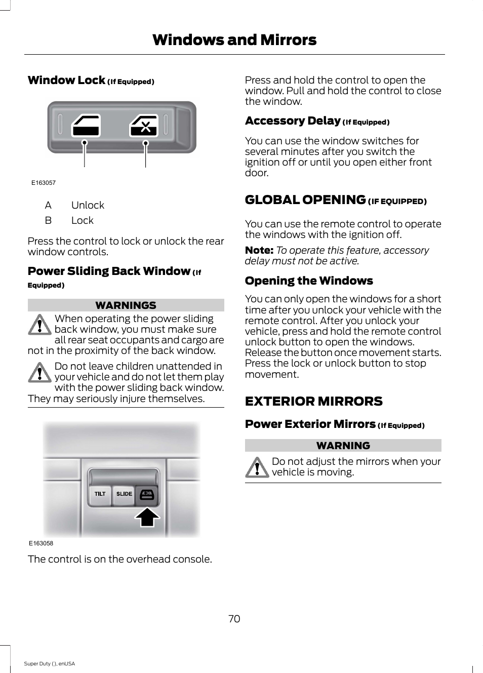 Global opening, Exterior mirrors, Global opening exterior mirrors | Windows and mirrors | FORD 2015 F-550 v.1 User Manual | Page 73 / 470