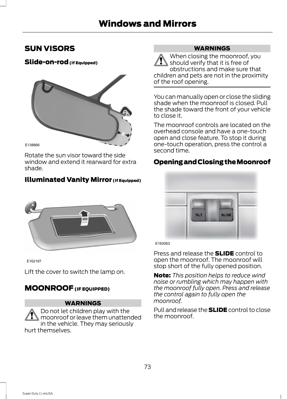 Sun visors, Moonroof, Sun visors moonroof | Windows and mirrors | FORD 2015 F-550 v.1 User Manual | Page 76 / 470